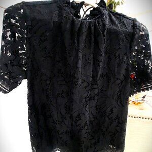 Crown & Ivy Black Lace Floral Top with Velvet Details Size Large